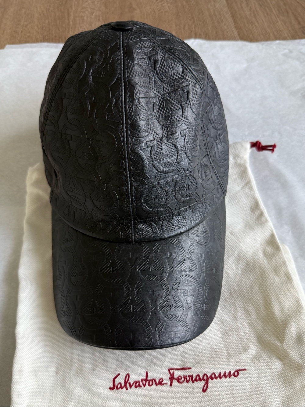 Salvatore Ferragamo Black Embossed Logo Leather Baseball Cap